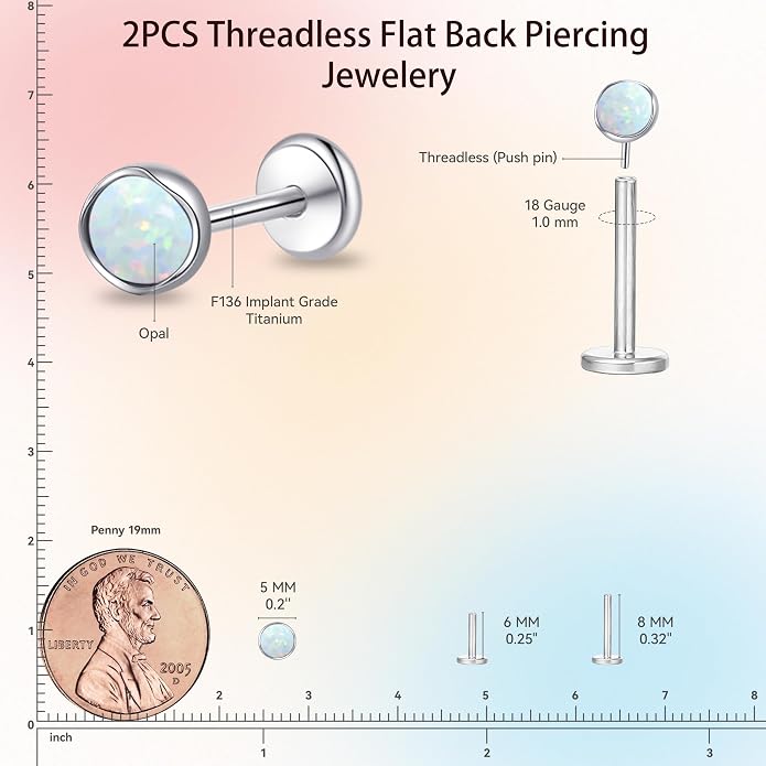 limerencia 18G Hypoallergenic Titanium Opal Threadless Nose Stud Earrings, 2PC Flat Back Push in Stud Earrings Labret Medusa Monroe Helix Cartilage Tragus Conch Piercing Jewelry for Women Men