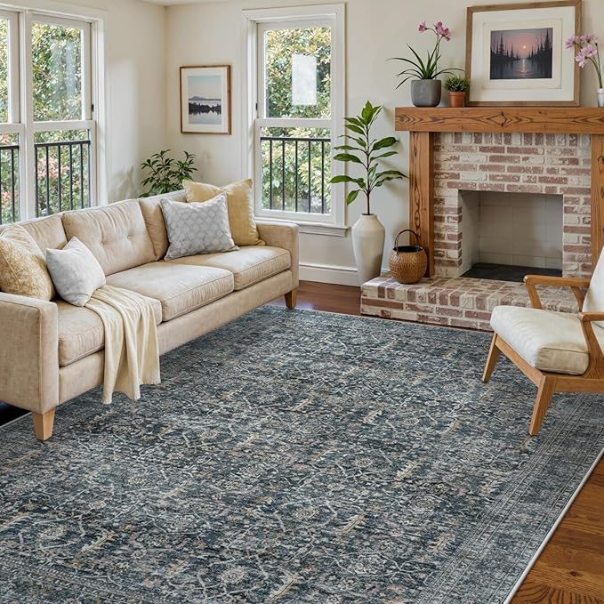 Collive Large Area Rug for Living Room 9x12, Washable Area Rug 9x12 Non Slip Vintage Distressed Bedroom Carpet Ultra-Thin Low Pile Aesthetic Print Floor Rug for Dining Guest Office - Blue/Grey