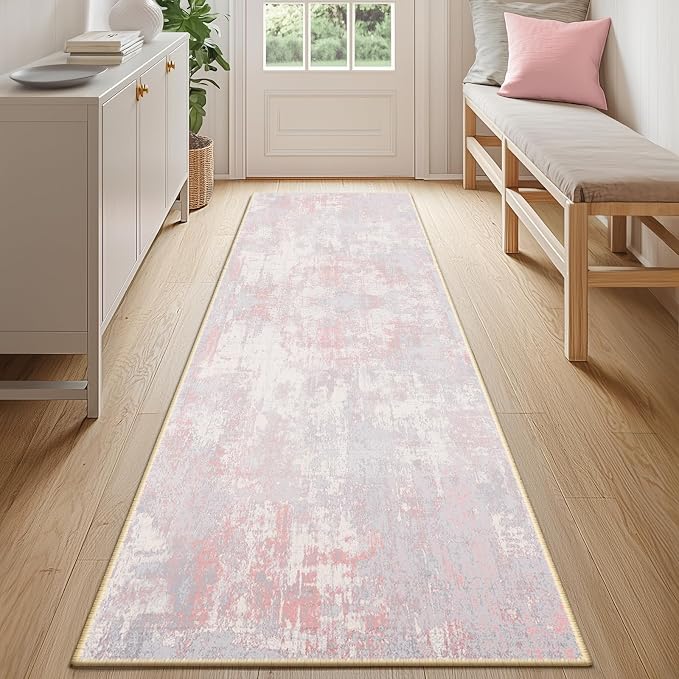 RELEANY Washable Area Rugs 2'x10' Non-Slip Modern Abstract Soft for Living Room Entryway Bedroom Kitchen, Print Pattern, Grey Pink