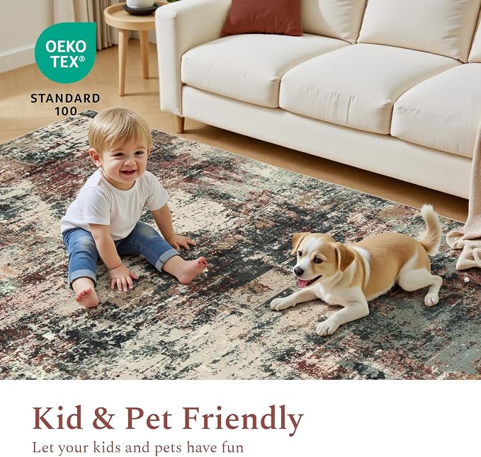Rugflix 8x10 Area Rugs for Living Room, Washable Large Rug Stain-Resistant Low Pile, Modern Carpet for Dining Room Home Office Kid Room Nursery Bedroom, Rust Brown Green