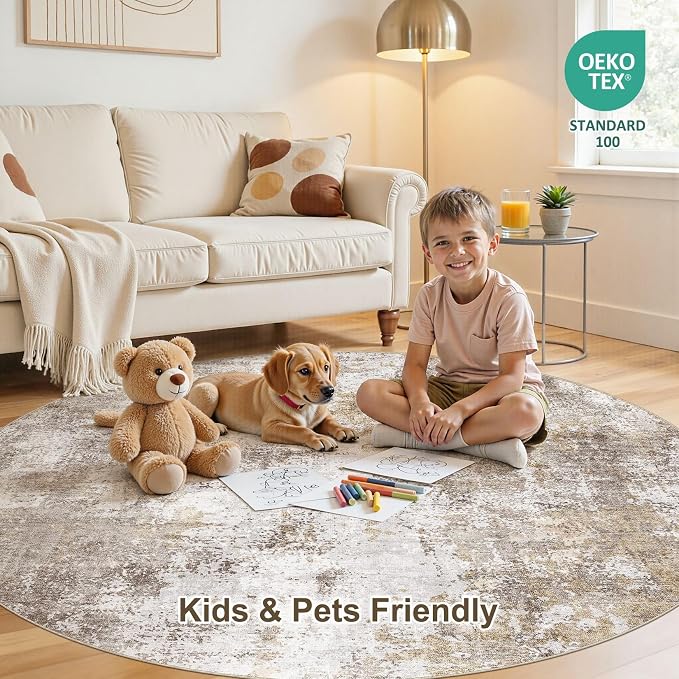 6Ft Round Area Rug for Living Room, 6x6 Washable Rugs Non-Slip Soft Large Modern Abstract Pattern Low Pile Carpet for Bedroom Indoor Floor Nursery Home Decor - Gold Brown