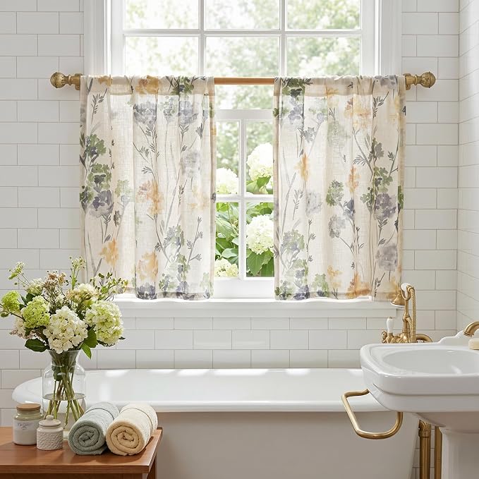 MYSKY HOME Floral Linen Kitchen Tier Cafe Curtains 24 Inch Length 2 Panels Farmhouse Semi Sheer Privacy Small Window Treatments Rod Pocket for Bathroom Basement, Sage Green, 30 inch Wide