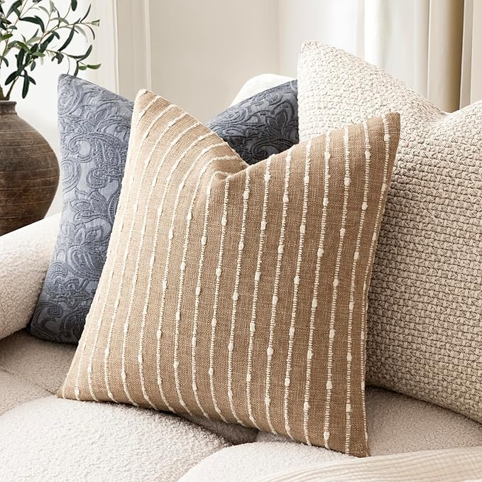 Foindtower Pack of 2 Decorative Jacquard Boucle Throw Pillow Covers Accent Textured Striped Pillowcases Soft Cozy Boho Modern Cushion for Couch Sofa Bedroom Living Room Home Decor 20x20 Inch Camel