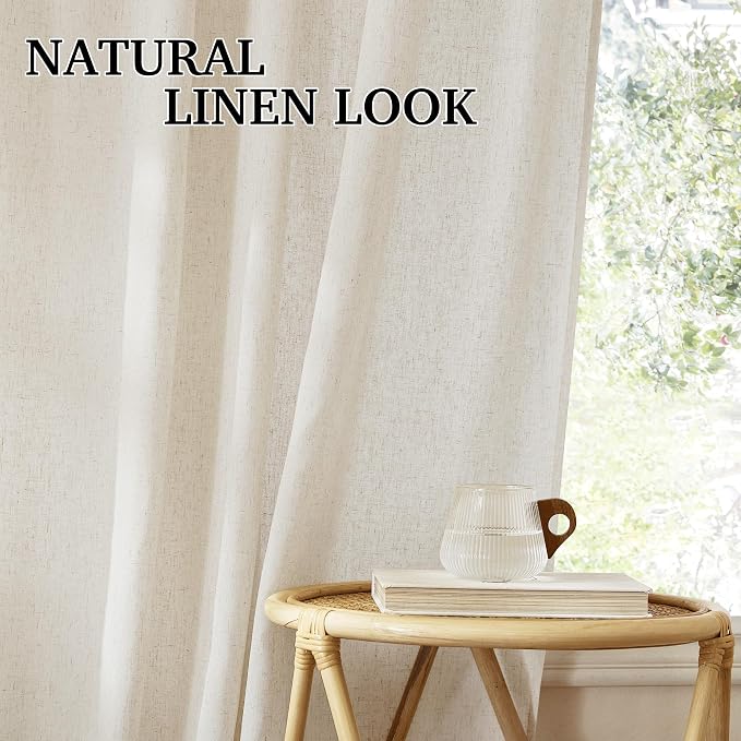 RYB HOME Linen Curtains 84 inches for Living Room, Semi Sheer Farmhouse Light Filtering Half Privacy Window Drapes for Bedroom Dining Room Nursery, Natural Beige, W 52 x L84 inches, 2 Panels