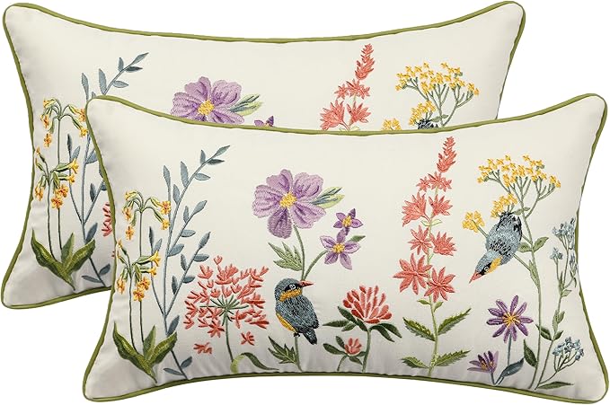 Embroidered Throw Pillow Covers 12 x 20 Pack of 2 Vintage Birds with Flowers Pillow Covers Summer Decor Pillowcase Farmhouse Floral Pillow Cushion Cases Boho Pillowcases Lumbar Pillow Case