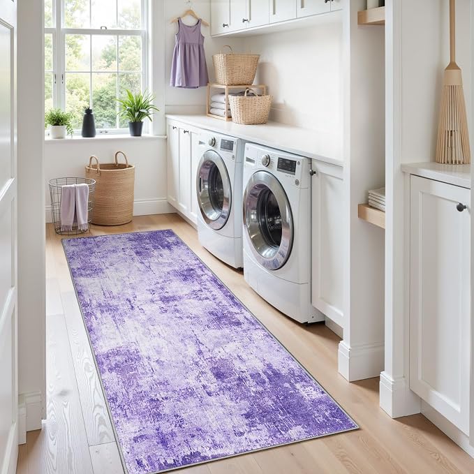 RELEANY Washable Area Rugs 2'x6' Non-Slip Modern Abstract Soft for Living Room Entryway Bedroom Kitchen, Print Pattern, Purple Gray Pink White