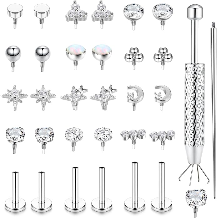 Drperfect 16G/18G Flat Back Stud Earrings for Women, Hypoallergenic Surgical Steel Gold Silver Plated Internal Thread Stud Piercing Jewelry for Tragus Helix Cartilage Conch Nose Lip Medusa Piercing