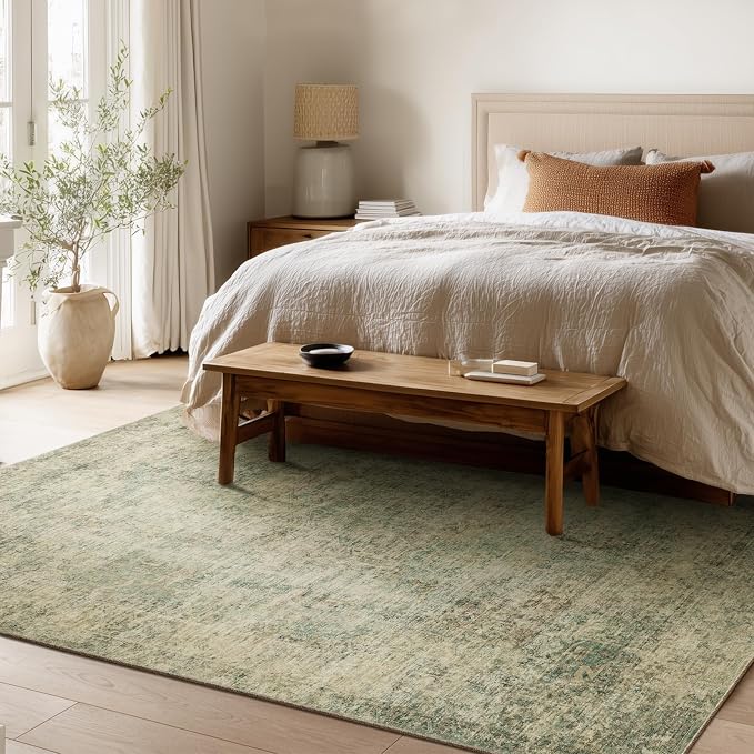 Machine Washable Rugs for Living Room: 5x7 Area Rugs for Bedroom Ultra Soft Non-Slip Low Pile Vintage Distress Boho Large Carpet for High-Traffic Dining Room - Farmhouse Decor