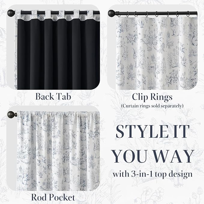 jinchan Blue Blackout Curtains 63 Inch Whimsical Back Tab 2 Panels | Room darkening,nursery kids bedroom,privacy,whimsical,cottagecore,bunny pattern,botanical,nature-inspired decor