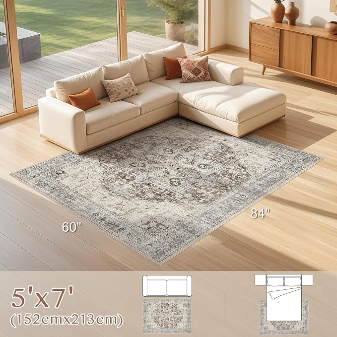Tortania Area Rug Living Room Rugs - 5x7 Washable Boho Rug Vintage Oriental Distressed Farmhouse Large Thin Indoor Carpet for Living Room Bedroom Under Dining Table Home Office - Brown Blue