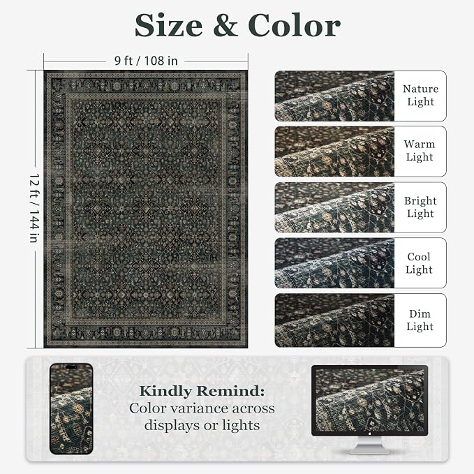 Large Area Rugs 9x12 Living Room, Vintage Floral Trellis Colorful Accents Bedroom Rug, Ultra Thin Non Slip Carpet Rug for Dining Room Under Table/Family Room/Guest Room
