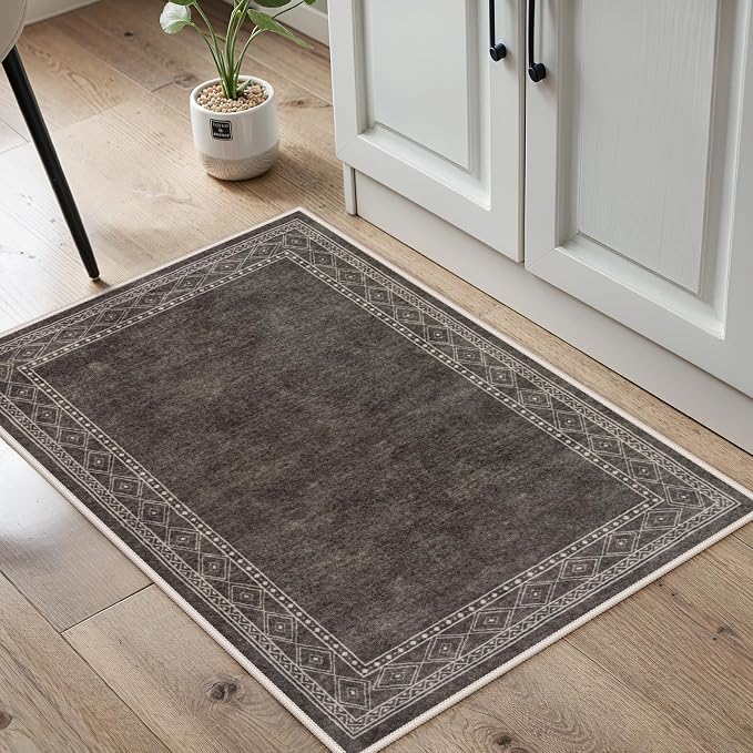 Lahome Modern Bordered Kitchen Rugs Non Slip Washable, 2x3 Rugs for Entryway Ultra-Thin Soft Door Mat Indoor Entrance Rubberback Throw Carpet for Bathroom Bedroom Front Door(2x3ft,Brown)