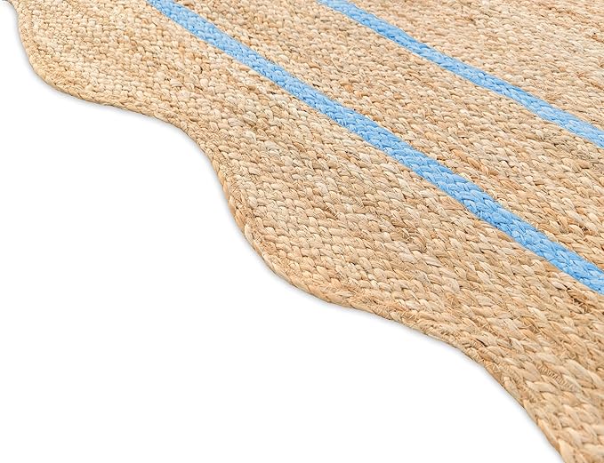 Wave Scalloped Natural Jute Runner, Sky Blue (2'6"x18'): Boho Farmhouse Entryway Scallop Rug