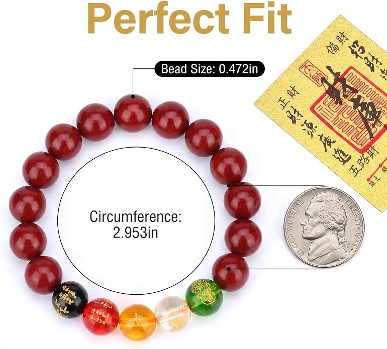 LINGYUAN Feng Shui Wealth and Luck Bracelet with Gold Foil Five Gods Amulet-Red Agate Cinnabar Gemstone Bracelet for Prosperity, Protection & Success, Lucky Charm Gift for Men & Women