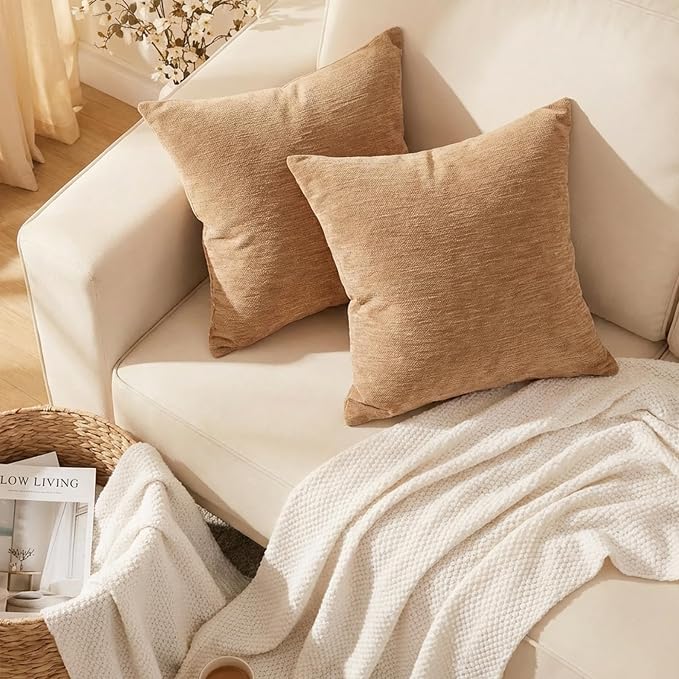 Set of 4 Brown Throw Pillow Covers 24x24 Inch, Neutral Boho Farmhouse Aesthetic Decorative Pillow Cases for Couch, Sofa, Living Room & Bed, Soft Chenille Pillow Cases, Stylish Home Decor, 60x60 cm