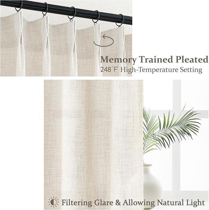 Cream 70 Inch Extra Wide Curtains 102 Inch Long for Bedroom 2 Panels Set, Pinch Pleated Natural Linen Sheer Privacy Curtain That Let Light in for Kids Room/Nursery Light Filtering Back Tab Drape Ivory