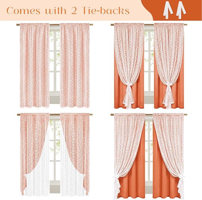 ASPMIZ Linen Curtains for Living Room Double Layers Curtains for Bedroom Farmhouse Window Curtain with Linen Lace, Orange Curtain 84 Inch Length 2 Panels Set, Rod Pocket Drapes with 2 Tiebacks, 52x84