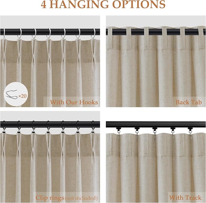 Warm Beige Pinch Pleated Linen Curtains 84 Inches Long for Living Room Farmhouse Modern Semi Sheer Drapes with Hooks Rod Pocket Light Filtering Window Treatments for Bedroom Laundry Room 40x84 Inch