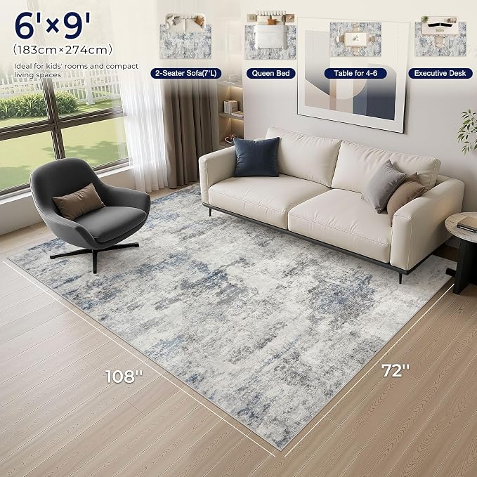 DMOYEST 6x9 Area Rug - Washable & Non Slip Indoor Rug for Living Room, Kid & Pet Friendly Abstract Low Pile Soft Carpet for Bedroom and Dining Room - Grey Blue
