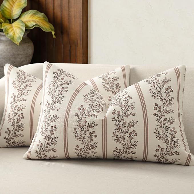 Vintage Throw Pillow Covers 12x20 Set of 2, Striped Floral Pillow Cover Botanical Patterned Decorative Cushion Covers Modern Farmhouse Home Decor for Sofa Couch Bed Living Room, Almond