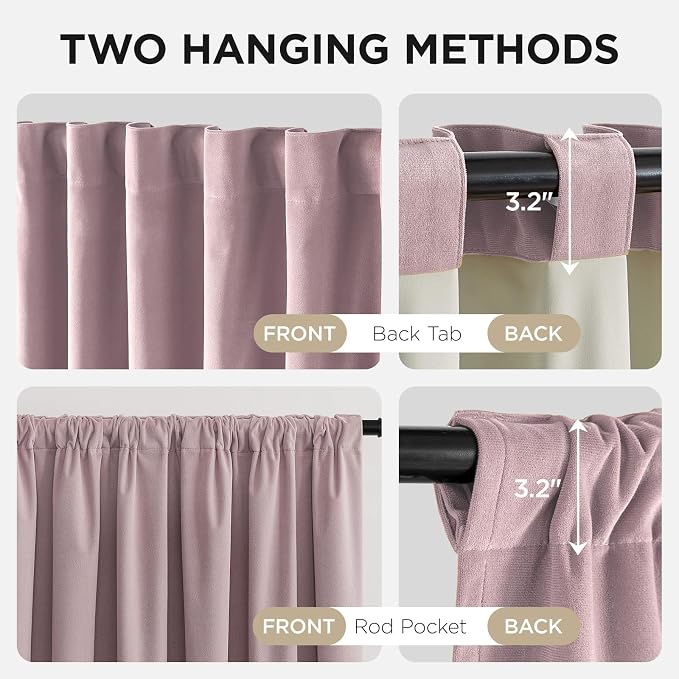 Joydeco 100% Blackout Velvet Curtains Pink 90 Inch Back Tab | Luxury Thermal Insulated Velvet Curtains for Bedroom Living Room, Soundproof Blackout Window Drapes