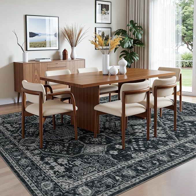 Joydeco 5x7 Area Rugs for Living Room, Non Slip Machine Washable Vintage Rug, Low Pile Thin Chenille Print Rugs for Bedroom, Dining Room, Pet & Child Friendly, Home Office, Dark Gray&Light Gray&Black