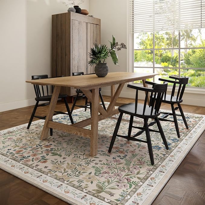 Machine Washable Rugs for Living Room: 8x10 Area Rugs for Bedroom Floral Non Slip Low Pile Soft Stain Resistant Carpet for Kitchen Dining Room Farmhouse Kids Room Nursery Indoor