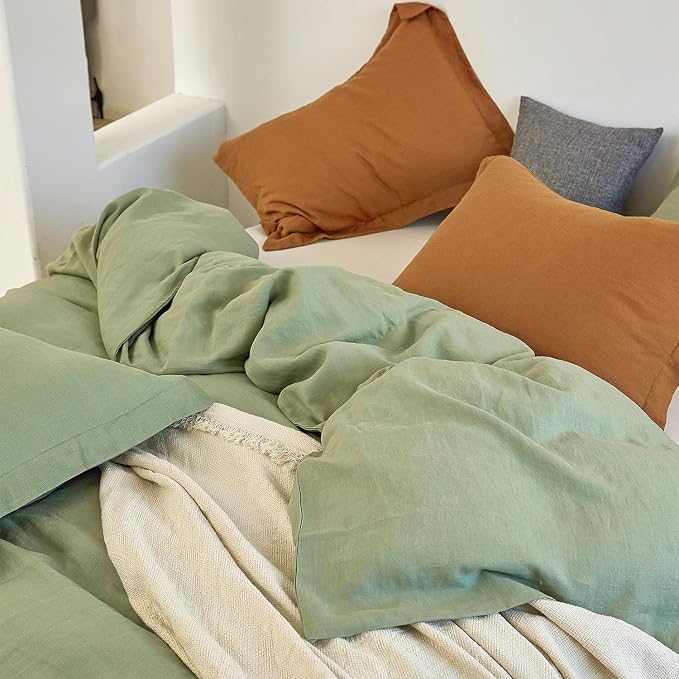 Simple&Opulence 100% Linen Duvet Cover Set, 3 PCS Natural French Flax Sage Green Duvet Cover King Size, Breathable Soft Comfy Linen Bedding Comforter Cover with 2 Pillowcases(Sage Green, 104"x92")