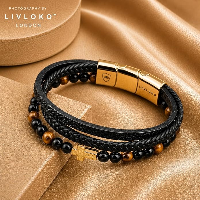 LONDON Mens Bracelet Leather Black Multi-Layer Stone Beads Adjustable Steel Clasp Viking Rope Bands Surfer Man Wristband Male UK Jewellery Gift box Boyfriend Dad Son Brother Tiger Eye