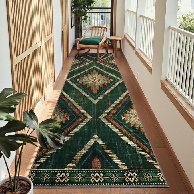 Runner Rugs for Hallway Boho 3x10Ft Non Slip, Green Moroccan Washable Kitchen Rug Runner Non Shedding, Soft Geometric Entryway Floor Carpet for Floor Bedroom Doorway Office Decor