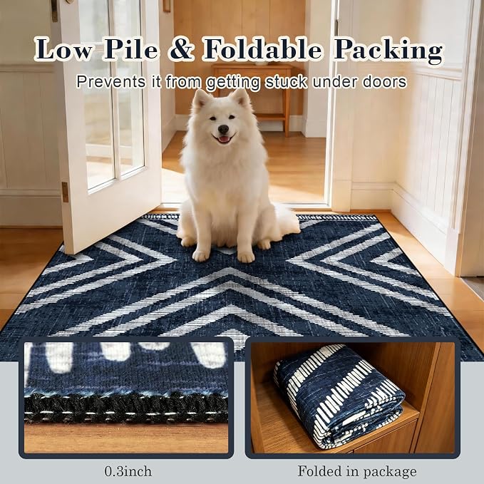 4x10Ft Boho Rug Runners for Hallway Non Slip, Geometric Washable Kitchen Runner Rugs, Navy Blue Soft Wide Modern Farmhouse Entryway Floor Carpets for Entrance Doorway Bedroom Home Decor