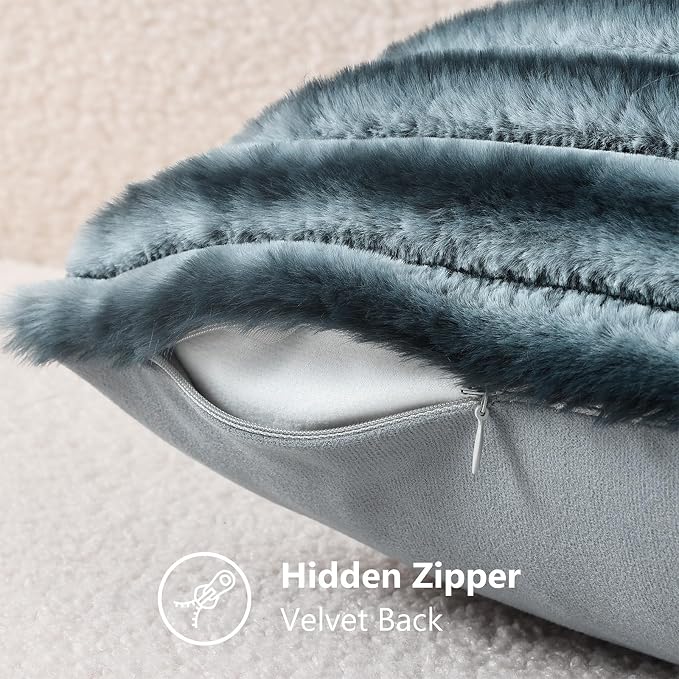 decorUhome Fall Faux Fur Throw Pillow Covers 20x20 Set of 2 Blue Grey | Decorative Soft Cozy Striped Plush Modern Farmhouse Boho Couch Pillow Cases Velvet Back for Sofa Bed Living Room Home Decor
