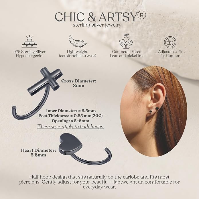 CHIC & ARTSY 925 Sterling Silver Half Hoop Earrings for Women, Small Huggie Hoops Set with Ball Bar Star Moon Cross & Pearl, Lightweight Comfort Fit Everyday & Sleep Earrings