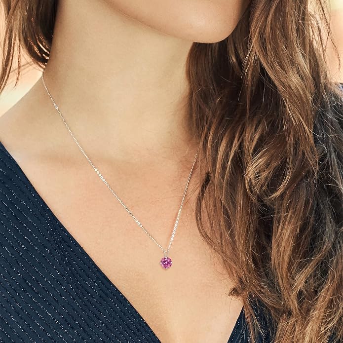 Gem Stone King 7MM Round Gemstone Birthstone Pendant Necklace For Women | 925 Sterling Silver | With 18 Inch Silver Chain | Fine Jewelry Gifts for Women Her Mom Wife