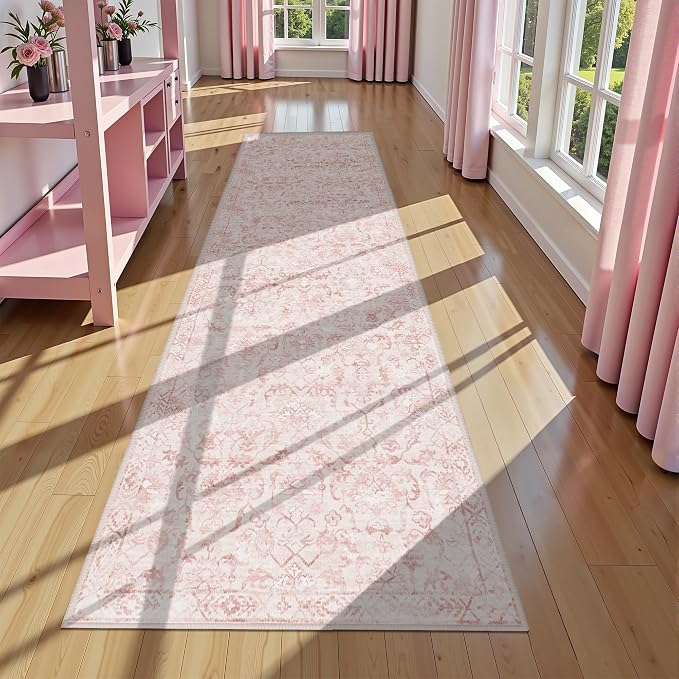 Pink 3x12 Runner Rug for Hallways Bed Side Kitchen, Boho Washable Distressed Low-Pile Floor Entryway Long Bathroom Mat, Non-Slip Laundry Room Washstand Front Carpet 36x144 Inch