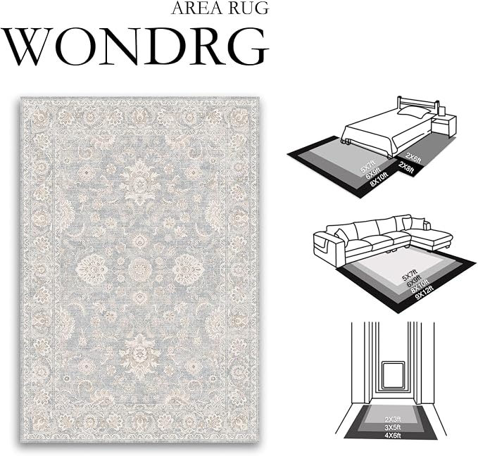 4x5 Blue Cream Washable Area Rug for Living Room Bedroom Neutral Floral Soft Non Slip Rug Low Pile Distressed Carpet for Dining Room Nursery Office Indoor