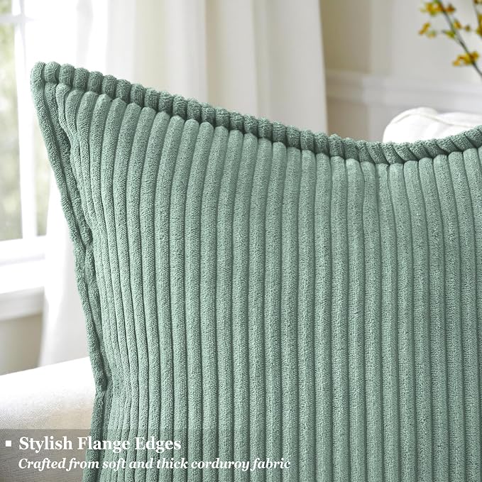decorUhome Fall Corduroy Teal Throw Pillow Covers 22x22 Set of 2 | Euro Sham Couch Decorative Soft Modern Boho Farmhouse Pillow Covers Broadside Striped Pillow Cases for Living Room Bed Sofa