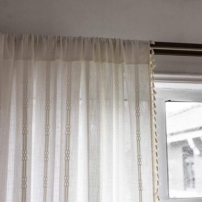 Boho Curtains for Bedroom Embroidery Striped Farmhouse Curtains 63 Inch Length 2 Pannels for Living Room Off White Linen Semi Sheer Rod Pocket Drapes(52" W x 63" L,White)