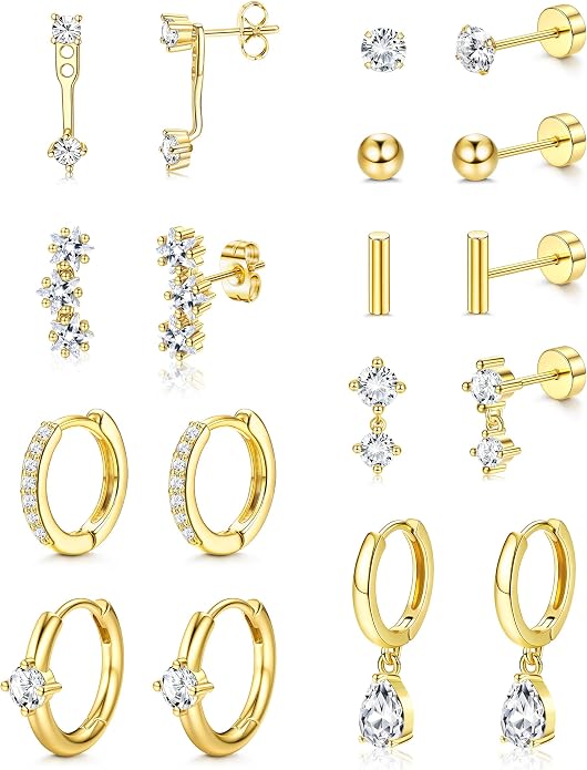 Hypoallergenic Silver Gold Earrings Stacks - 9 Pairs 14K Gold Plated Surgical Stainless Steel Earring Set for Sensitive Ears - Small Ear Piercing Flat Back Cartilage Earrings for Women Trendy Gifts