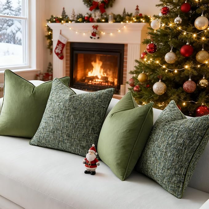 a moment Dark Green 4 Pack Throw Pillow Covers - Chenille & Velvet Set with Piping, Farmhouse Textured Design Cushion Cases for Couch Sofa Bed (20x20 Inch, No Insert)
