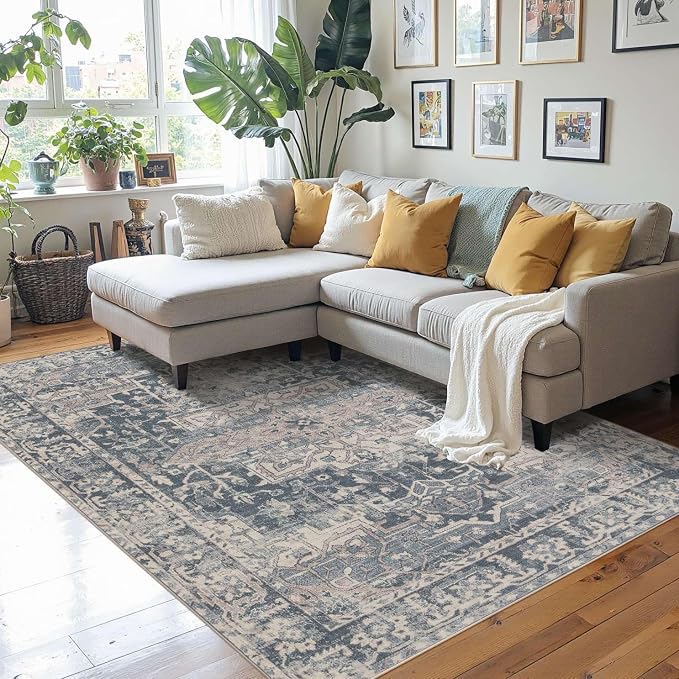 Rugxara Blue 4x6 Area Rug Washable Rug for Living Room Bedroom Office | Non Slip, Throw Rug for Entryway Dining Room Kids Room, Stain Resistant, Soft, Low Pile, Vintage Boho Retro Carpet