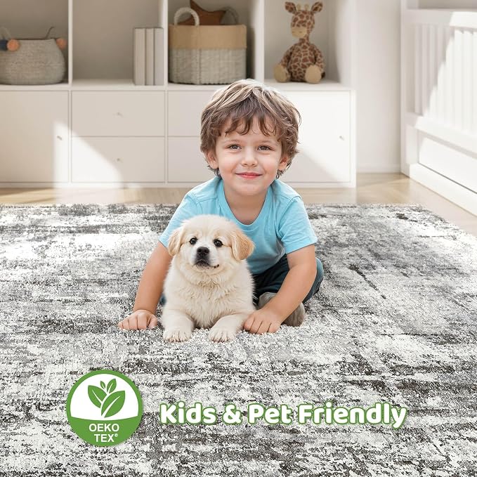 6x9 Area Rugs Living Room: Washable Large Abstract Neutral Modern Soft Gray Rug Stain Resistant Indoor Floor Non-Slip Accent Carpet for Bedroom Nursery Playroom Office Dining Room Home Decor