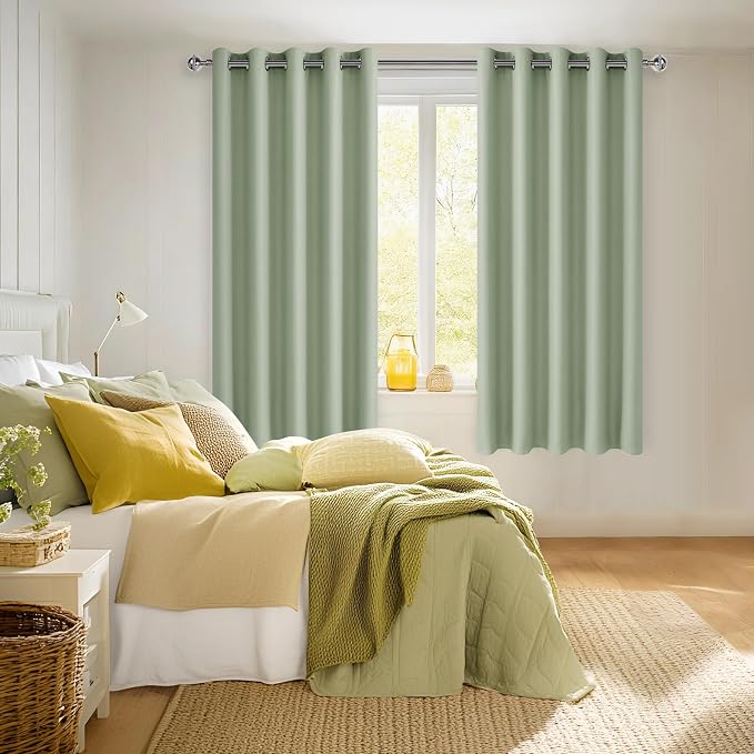Hiasan Blackout Curtains for Bedroom, 60 x 63 Inches Length - Thermal Insulated & Light Blocking Window Curtains for Living Room/Kids Room, 2 Drape Panels Sewn with Tiebacks, Seafoam Green