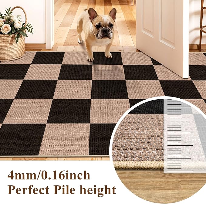 3x6 Kitchen Runner Rug Washable: Non Slip Checkered Faux Jute Farmhouse Mat | Thin Easy Clean Indoor Outdoor Boho Rugs Entryway Hallway Bedroom Modern Home Decor Durable Low Pile Floor Carpet (Black,3x6)