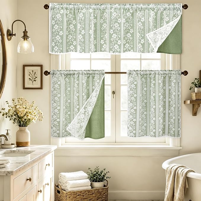 ASPMIZ Linen Kitchen Curtains Double Layer Kitchen Window Curtains Over Sink 24 Inch Sage Green Tier Curtain Light Filtering Rod Pocket Cafe Curtain Short Window Treatments with 2 Tiebacks, 26x24