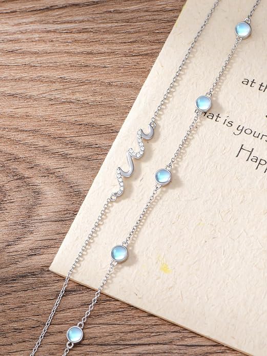 Wave/Dolphin Bracelet/Sea Turtles Anklet 925 Sterling Silver Adjustable Moonstone Bracelet/Anklet Summer Ocean Jewelry Gifts for Women