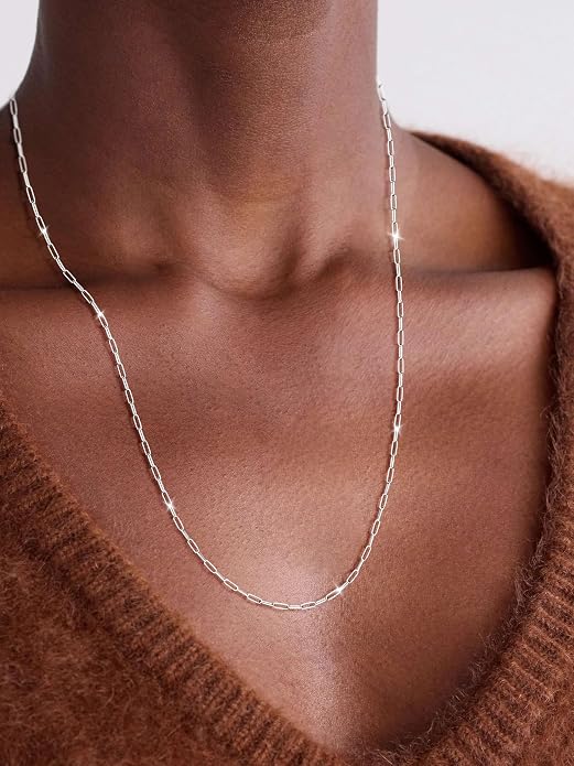 Moodear 925 Sterling Silver Paperclip Necklace for Women, 1.6mm Slender Link Chain, 14K Gold Plated Dainty Choker, Waterproof Trendy Jewelry Gifts for Girlfriend or Wife