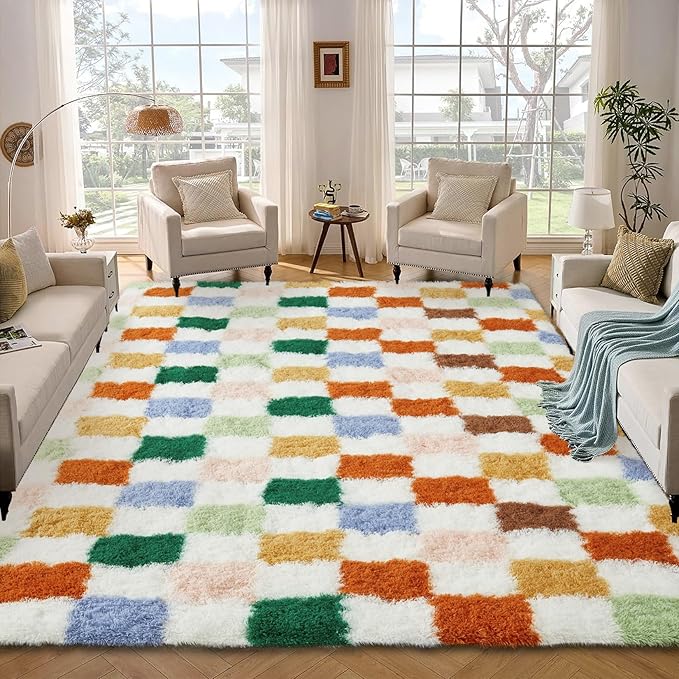 Garvee Large Area Rugs 10x13 Plush Fuzzy Rugs for Living Room,Colorful Checkered Rug Shag Rug for Bedroom, Modern Plush Soft High Pile Upgrade Non-Slip Carpet for Kids Girls and Boys Room Decor