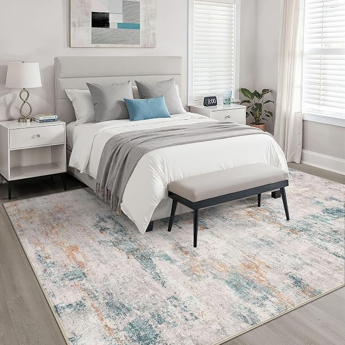 6x8 Area Rug Living Room: Washable Large Neutral Aqua Brown Rugs Abstract Soft Modern Stain Resistant Indoor Floor Non-Slip Carpet for Bedroom Nursery Kids Office Playroom Dining Room Under Table