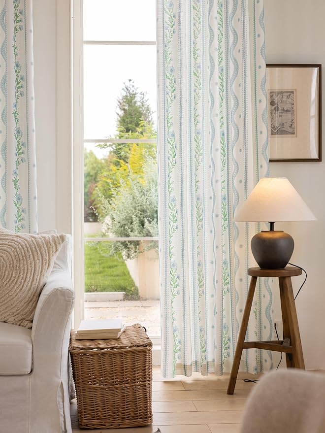 DrapePalette - Linen Blend Pinch Pleated Curtains 102 Inches Long for Living Room, Bedroom, Dining Room, Light Filtering Curtains 2 Panels Set, Modern Floral Printed Design, Blue Trellis, 30"W x 102"L